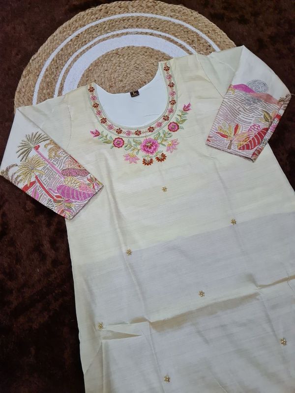 Beige Embroidered Silk Kurti Pant Dupatta Set Women