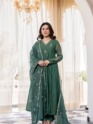 Elegant Green Chanderi Silk Kurti Pant Dupatta Set