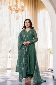 Elegant Green Chanderi Silk Kurti Pant Dupatta Set - Green