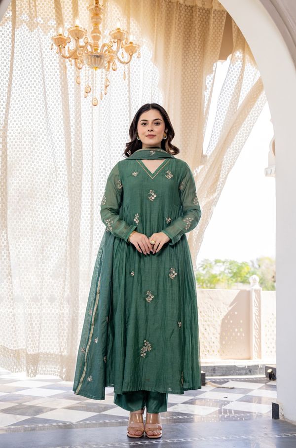 Elegant Green Chanderi Silk Kurti Pant Dupatta Set