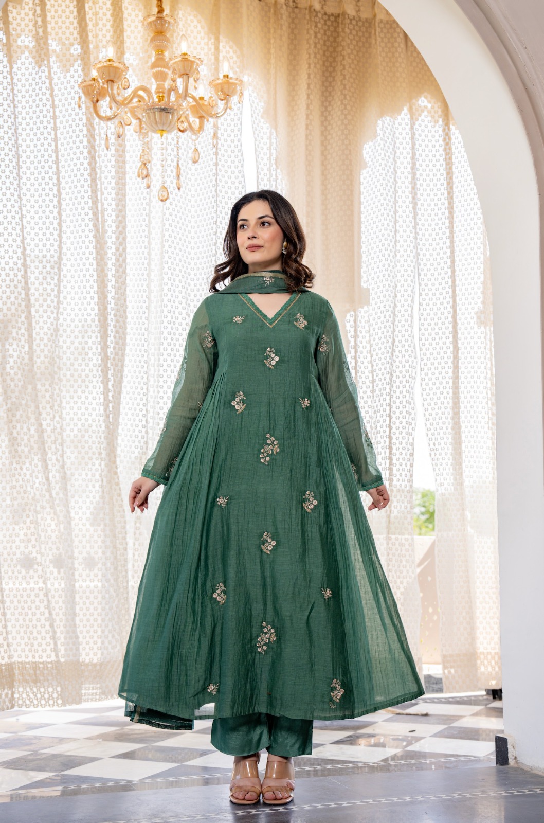 Elegant Green Chanderi Silk Kurti Pant Dupatta Set