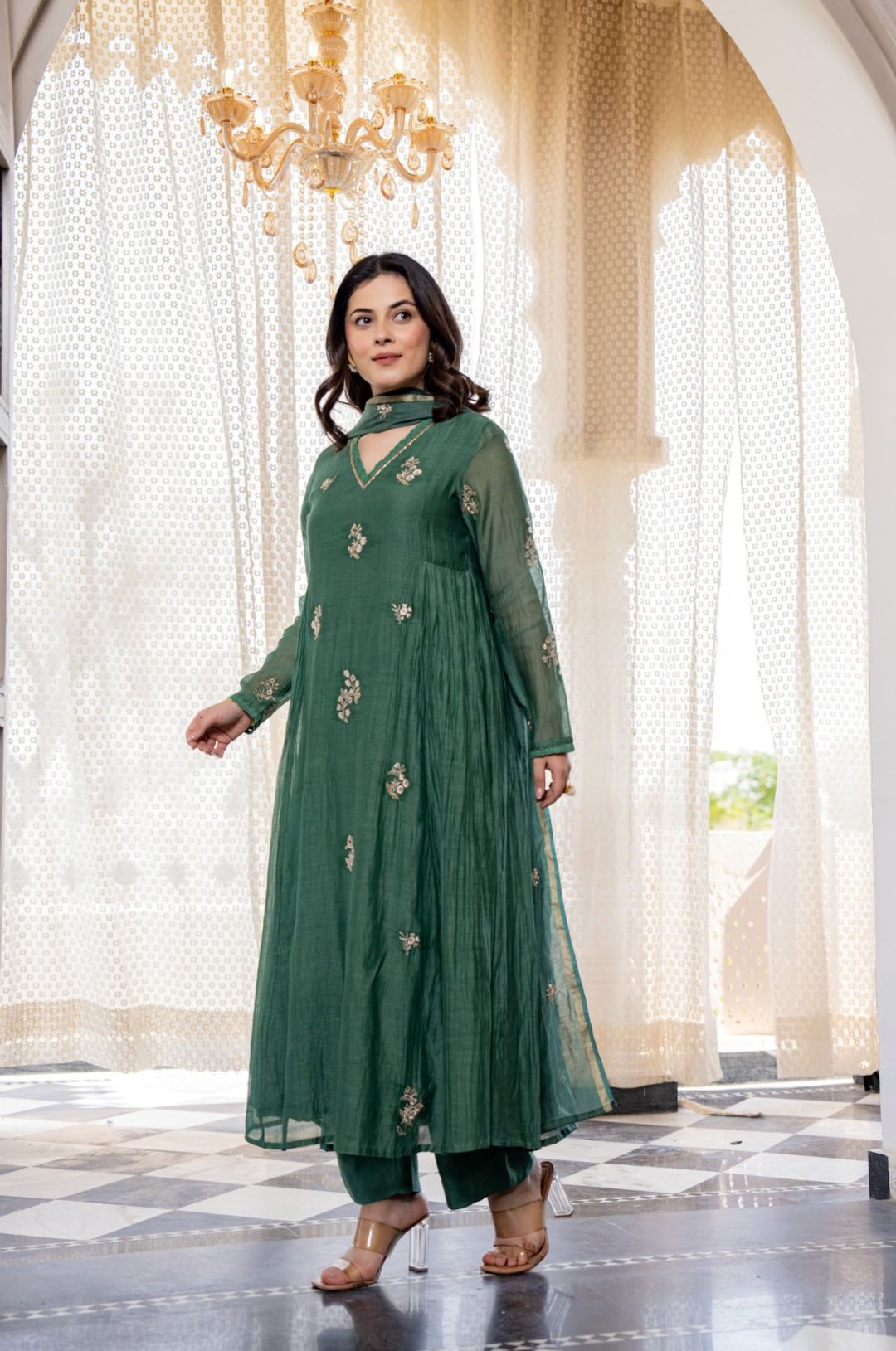 Elegant Green Chanderi Silk Kurti Pant Dupatta Set