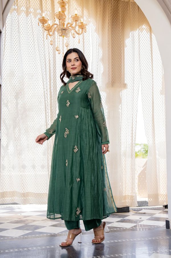 Elegant Green Chanderi Silk Kurti Pant Dupatta Set