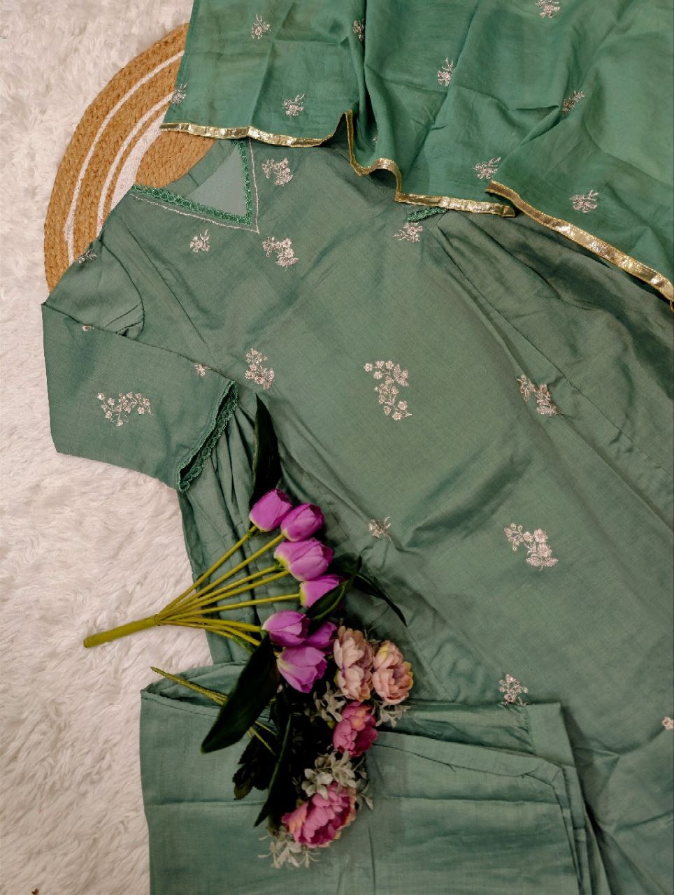 Elegant Green Chanderi Silk Kurti Pant Dupatta Set