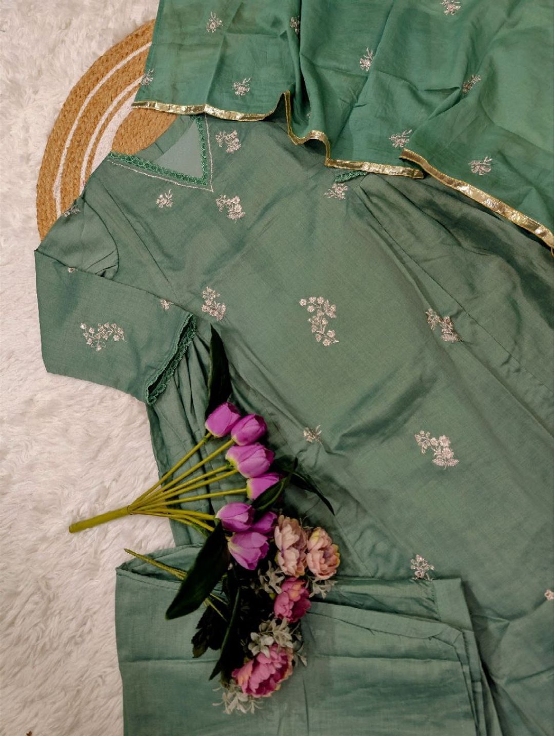 Elegant Green Chanderi Silk Kurti Pant Dupatta Set