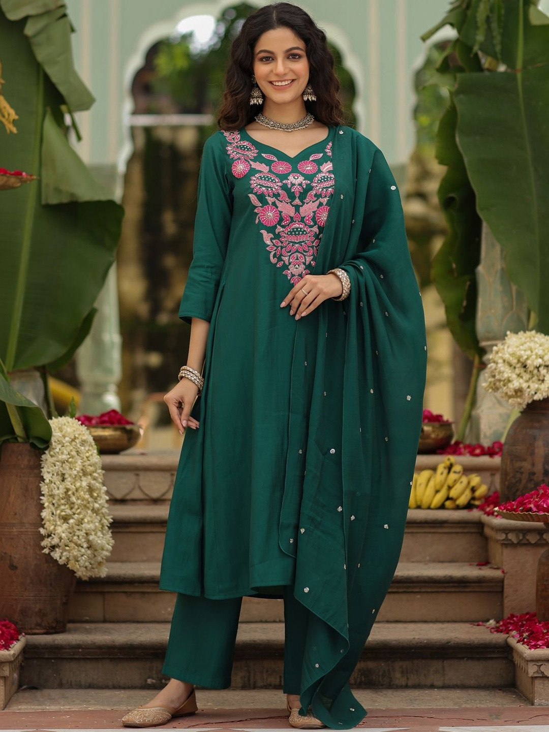 Green Rayon Embroidered Kurti Pant Dupatta Set