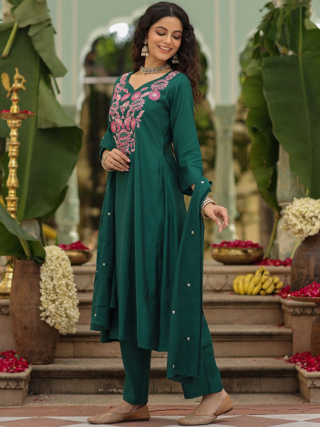 Green Rayon Embroidered Kurti Pant Dupatta Set