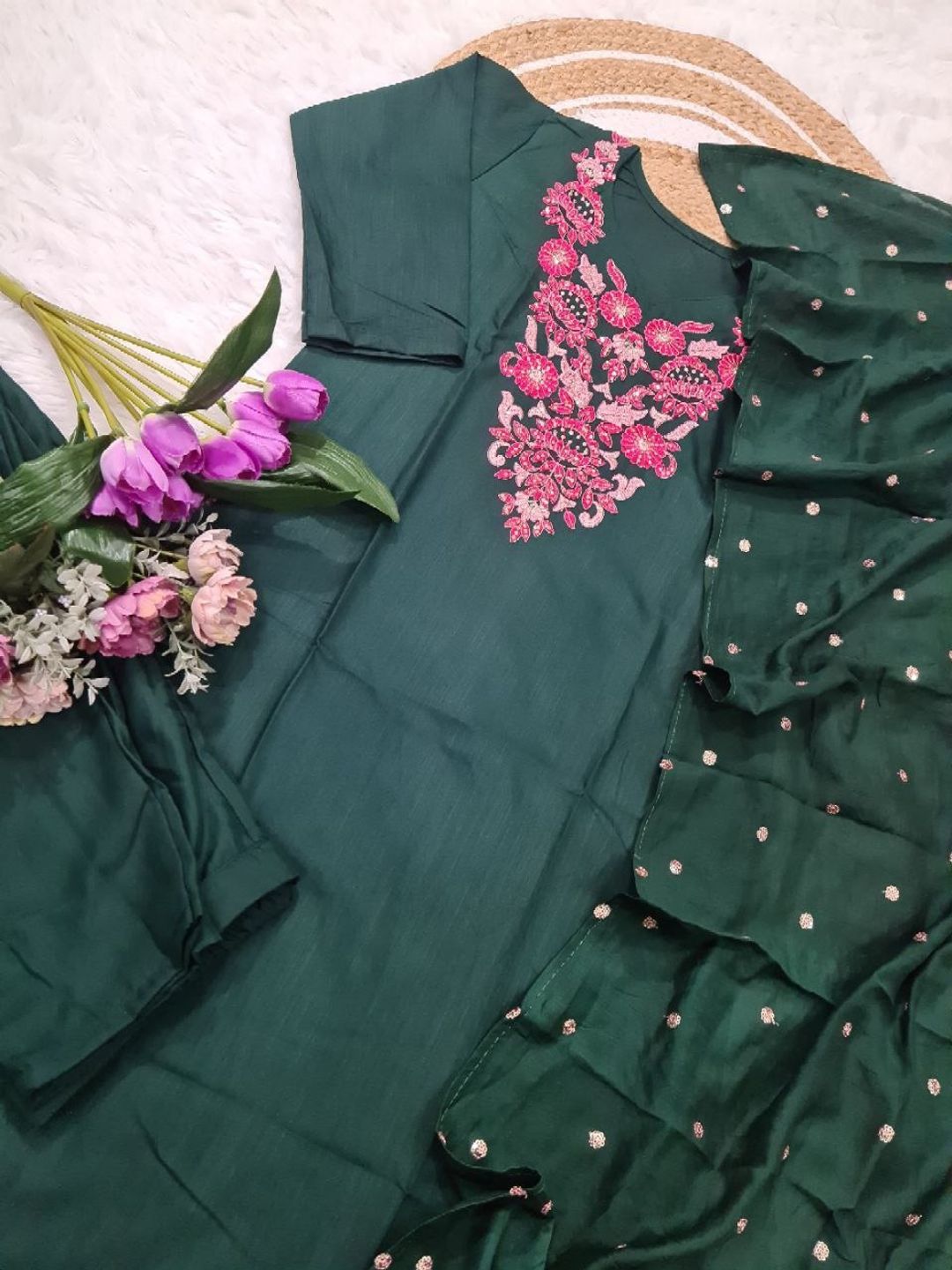 Green Rayon Embroidered Kurti Pant Dupatta Set