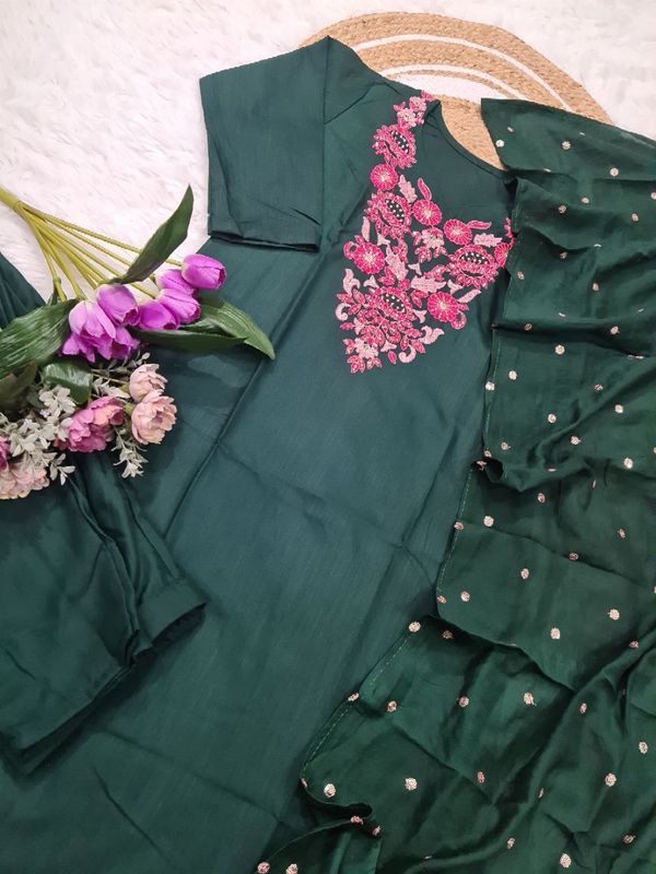 Green Rayon Embroidered Kurti Pant Dupatta Set