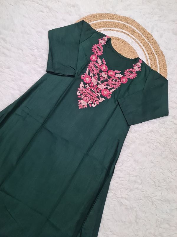 Green Rayon Embroidered Kurti Pant Dupatta Set