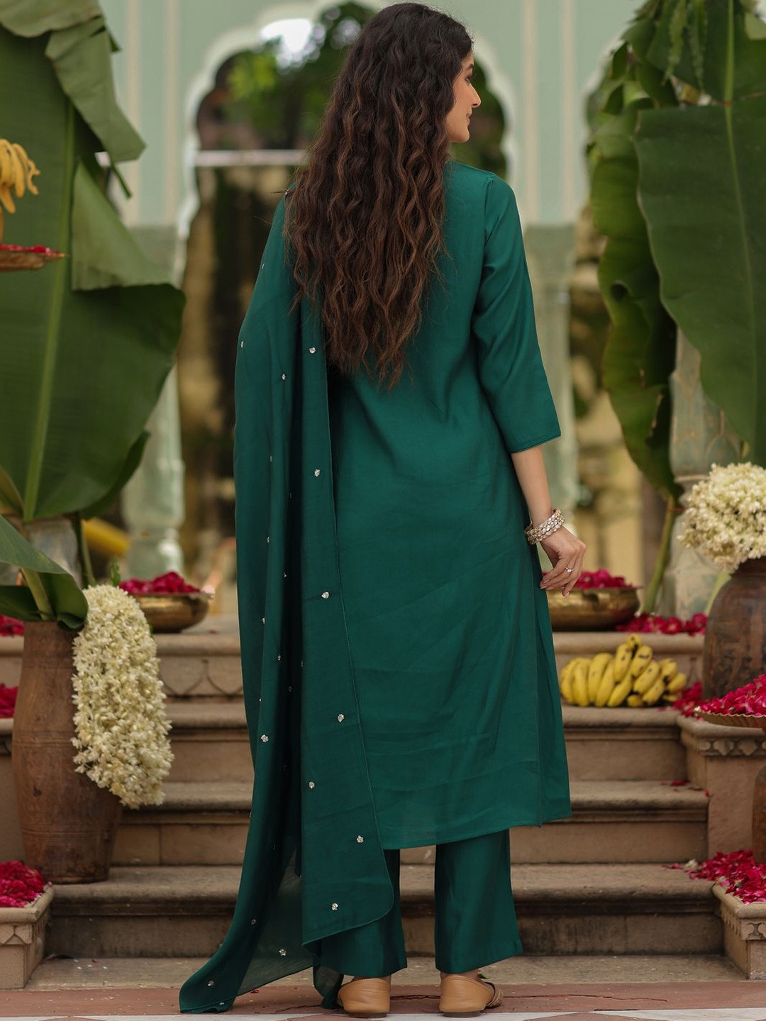 Green Rayon Embroidered Kurti Pant Dupatta Set