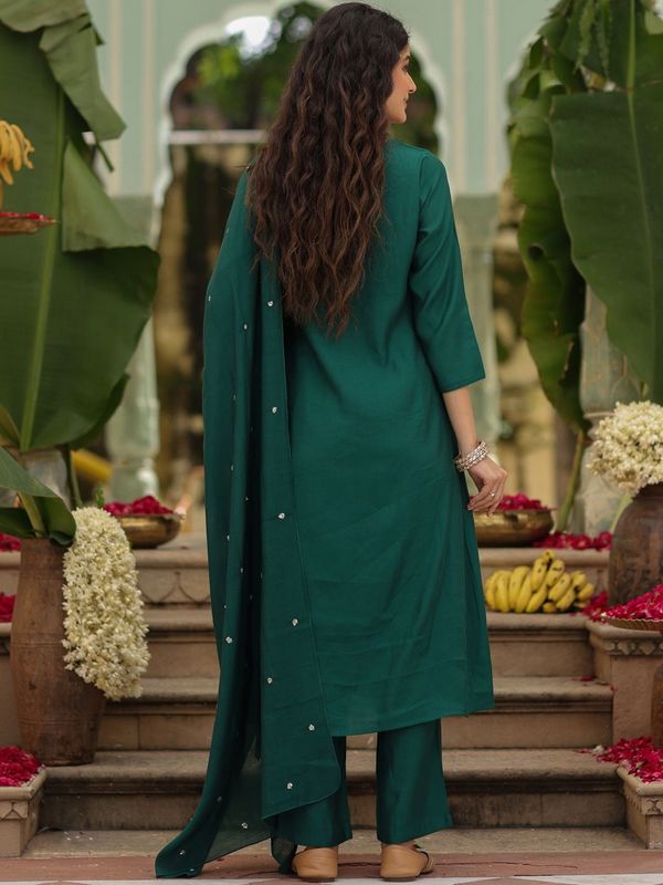 Green Rayon Embroidered Kurti Pant Dupatta Set