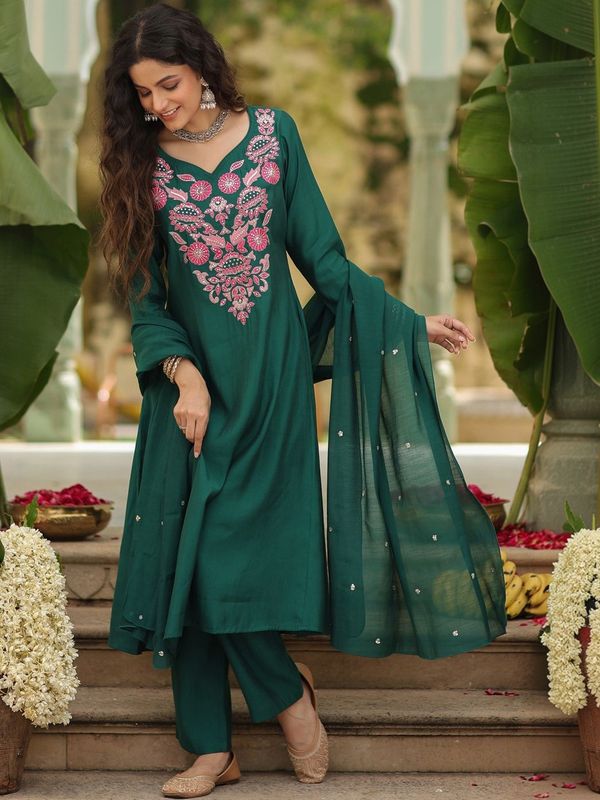 Green Rayon Embroidered Kurti Pant Dupatta Set