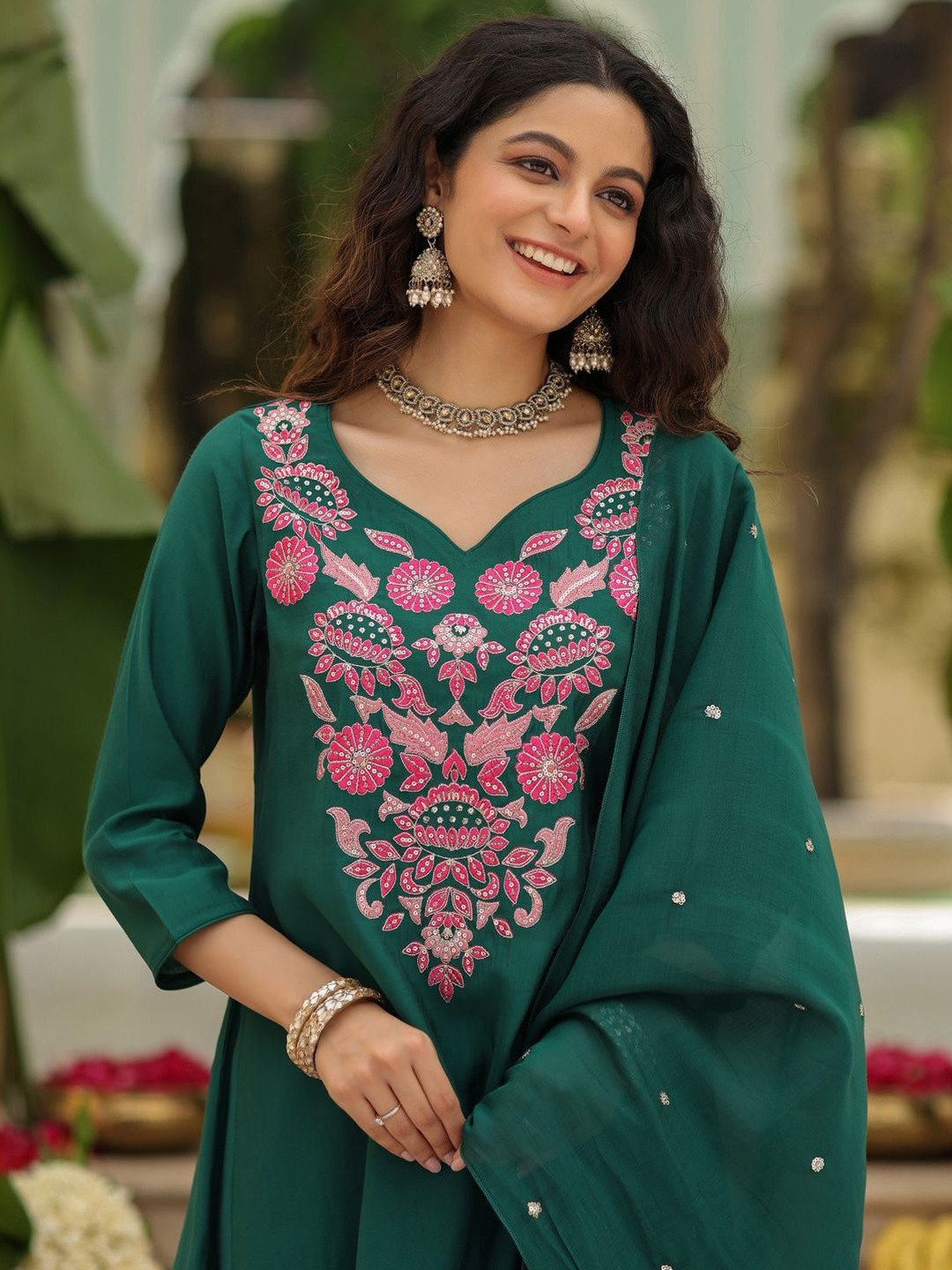 Green Rayon Embroidered Kurti Pant Dupatta Set