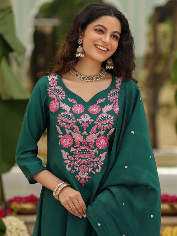 Green Rayon Embroidered Kurti Pant Dupatta Set