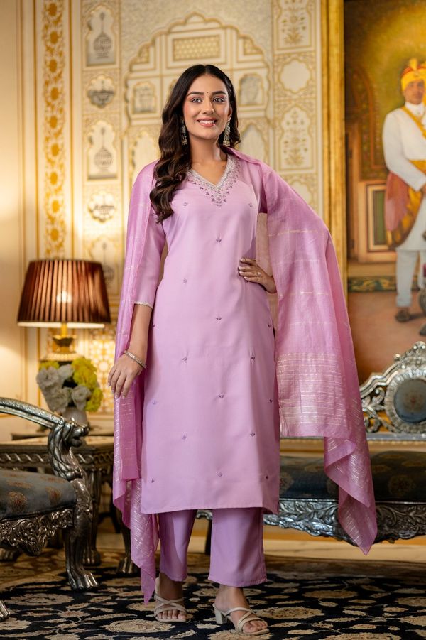 Pink Rayon Embroidered Kurti Pant Dupatta Set
