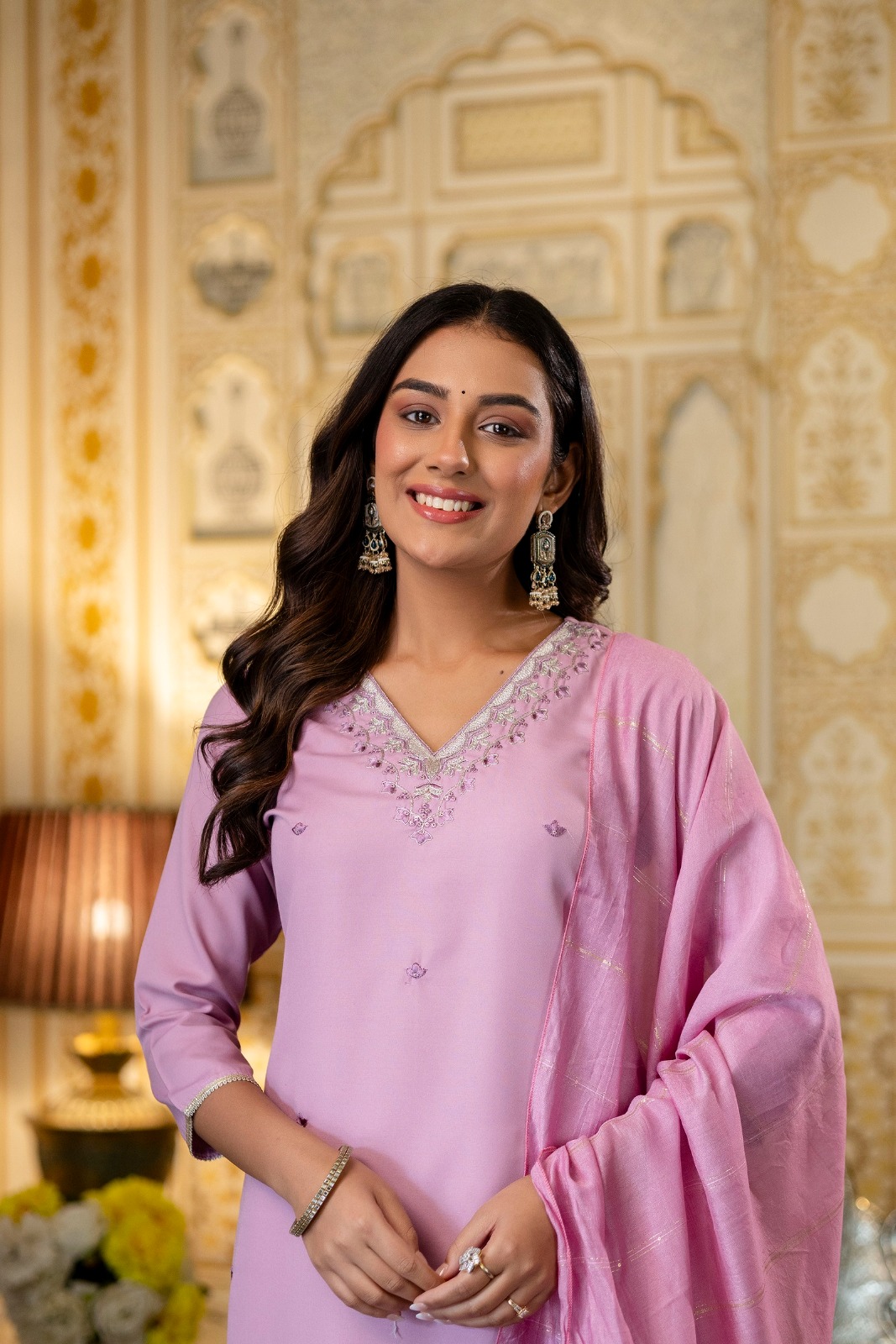 Pink Rayon Embroidered Kurti Pant Dupatta Set