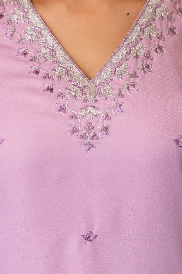 Pink Rayon Embroidered Kurti Pant Dupatta Set