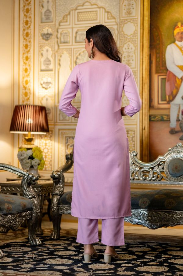 Pink Rayon Embroidered Kurti Pant Dupatta Set