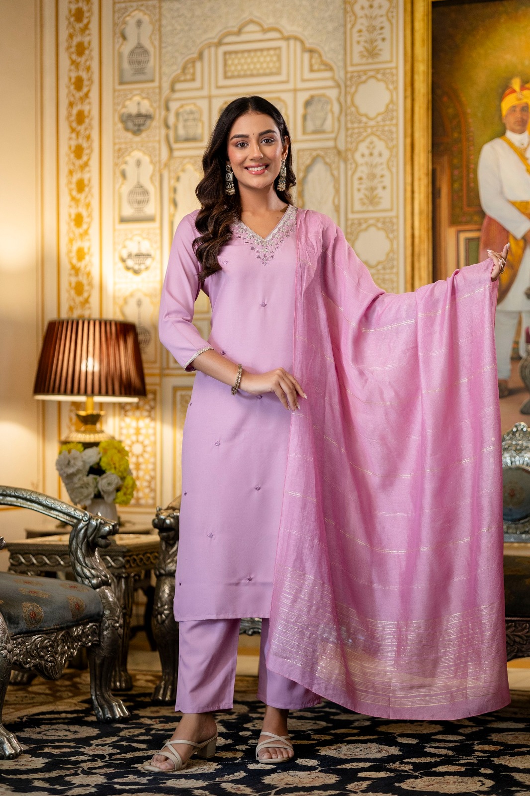 Pink Rayon Embroidered Kurti Pant Dupatta Set