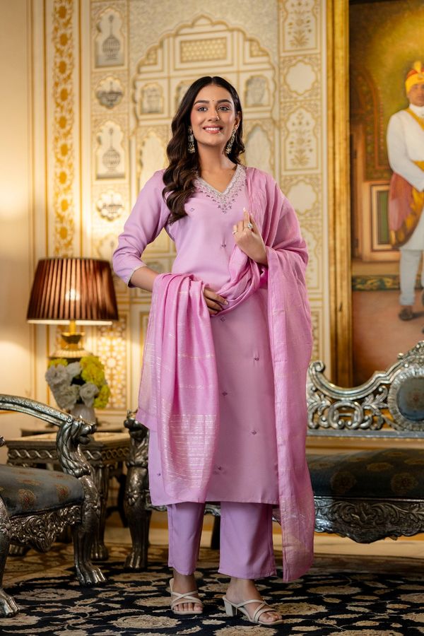 Pink Rayon Embroidered Kurti Pant Dupatta Set