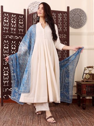 Cream Chanderi Silk Kurti Pant Dupatta Set for Women