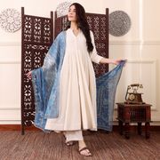 Cream Chanderi Silk Kurti Pant Dupatta Set for Women - Off white