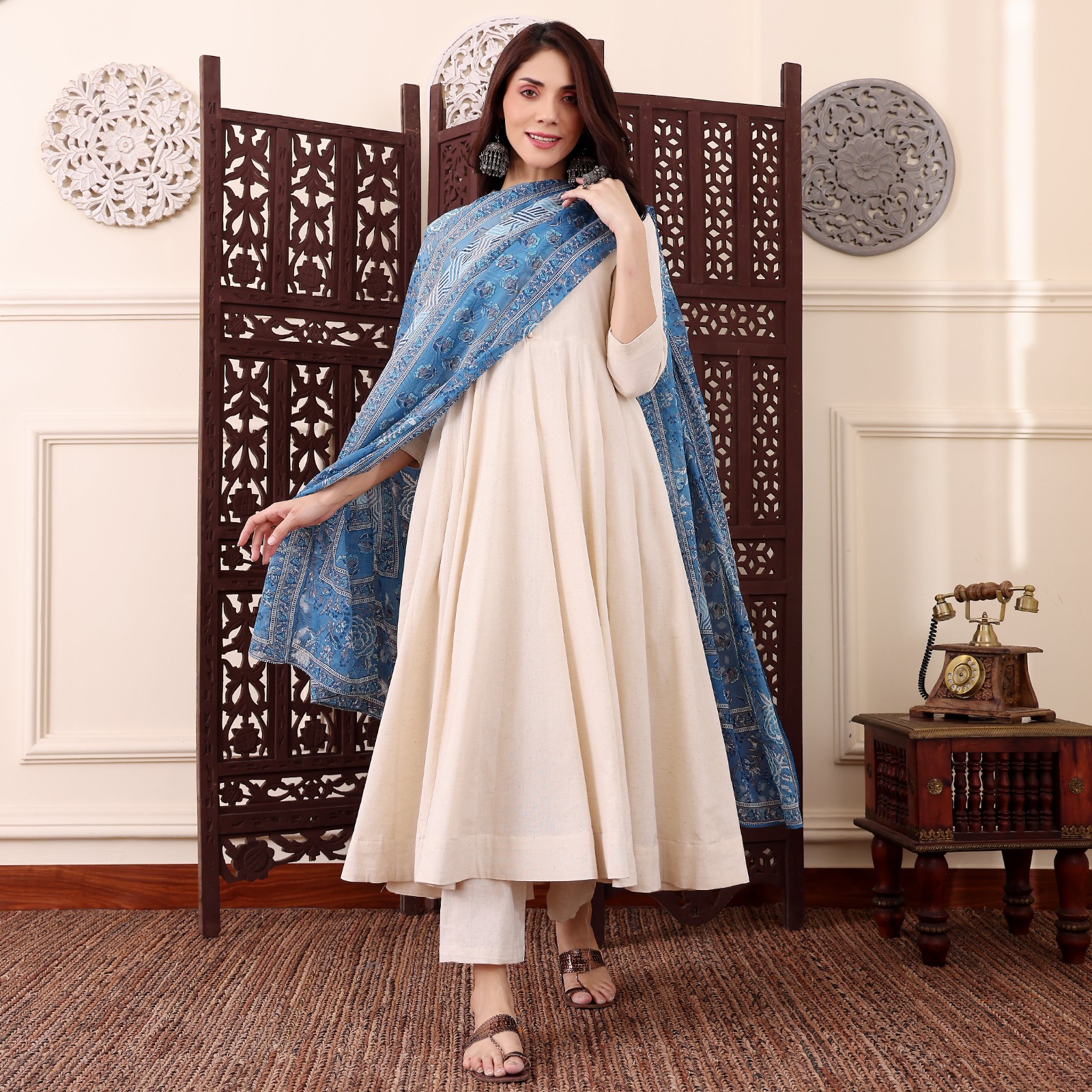 Cream Chanderi Silk Kurti Pant Dupatta Set for Women