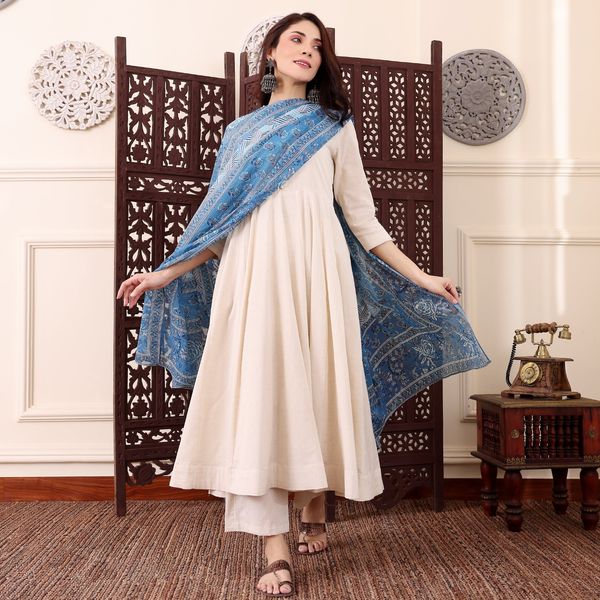 Cream Chanderi Silk Kurti Pant Dupatta Set for Women