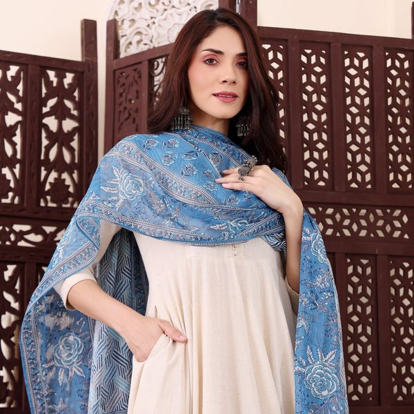 Cream Chanderi Silk Kurti Pant Dupatta Set for Women