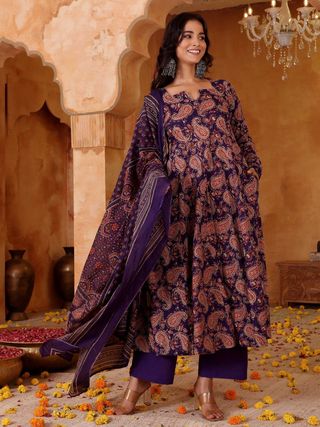Purple Printed Rayon Kurti Pant Dupatta Set Women