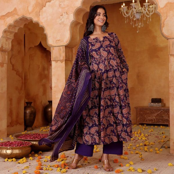 Purple Printed Rayon Kurti Pant Dupatta Set Women