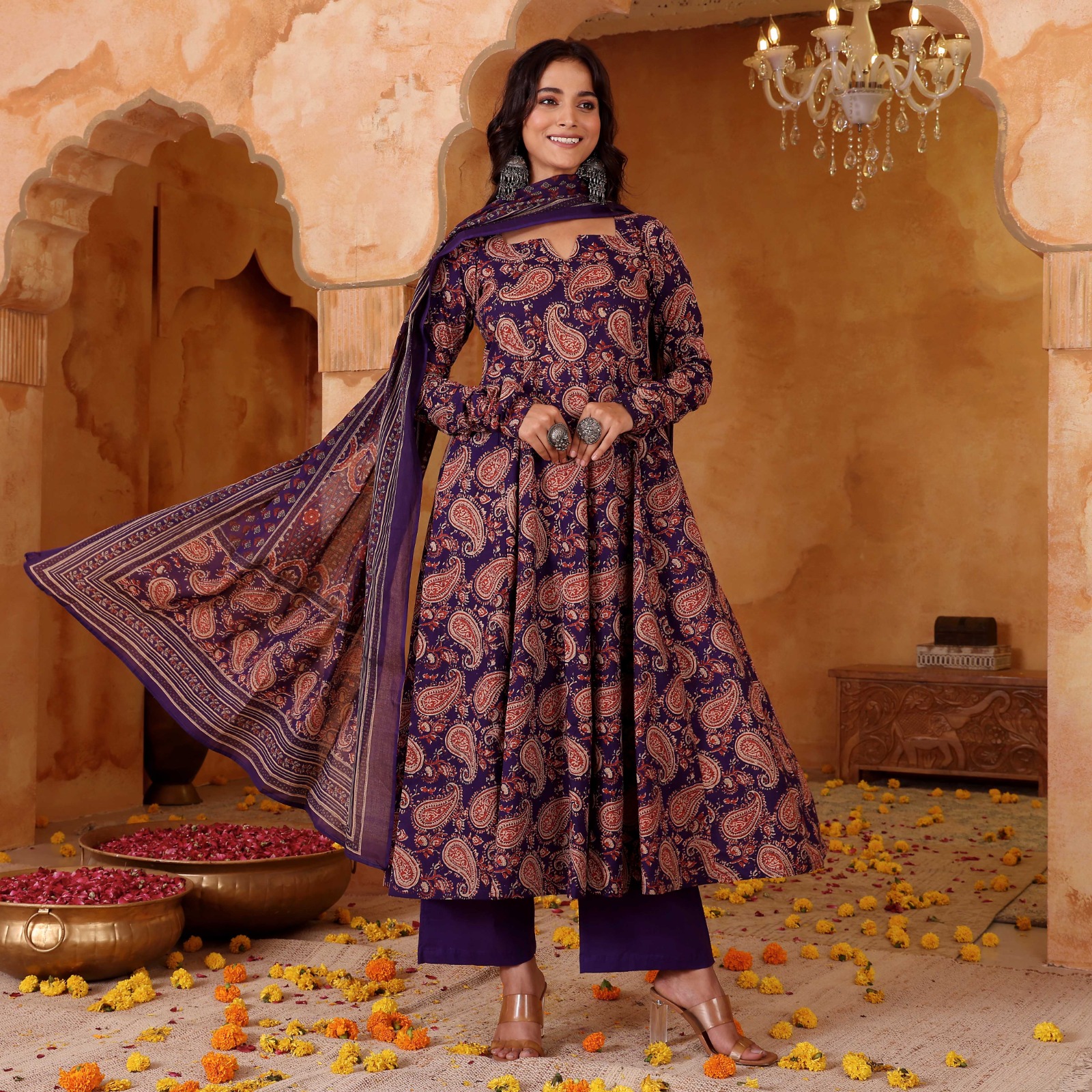 Purple Printed Rayon Kurti Pant Dupatta Set Women