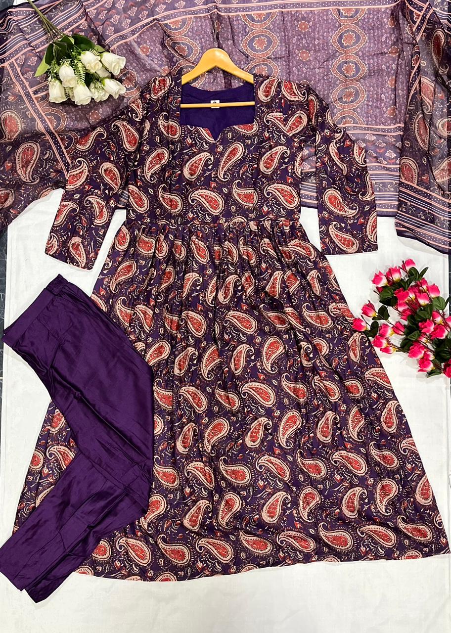 Purple Printed Rayon Kurti Pant Dupatta Set Women