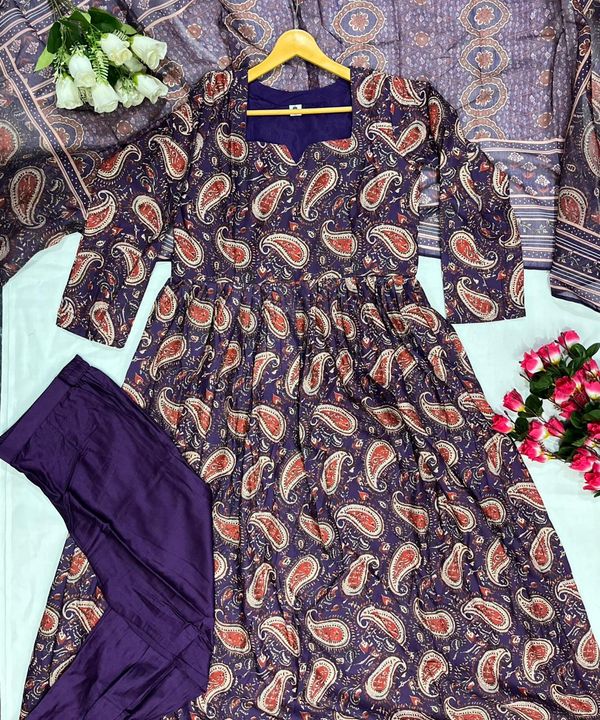 Purple Printed Rayon Kurti Pant Dupatta Set Women