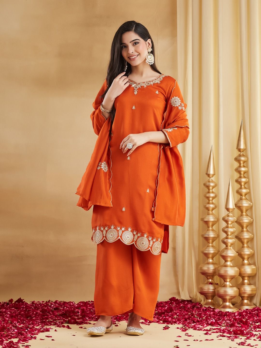 Orange Embroidered Vichitra Silk Kurti Set with Dupatta