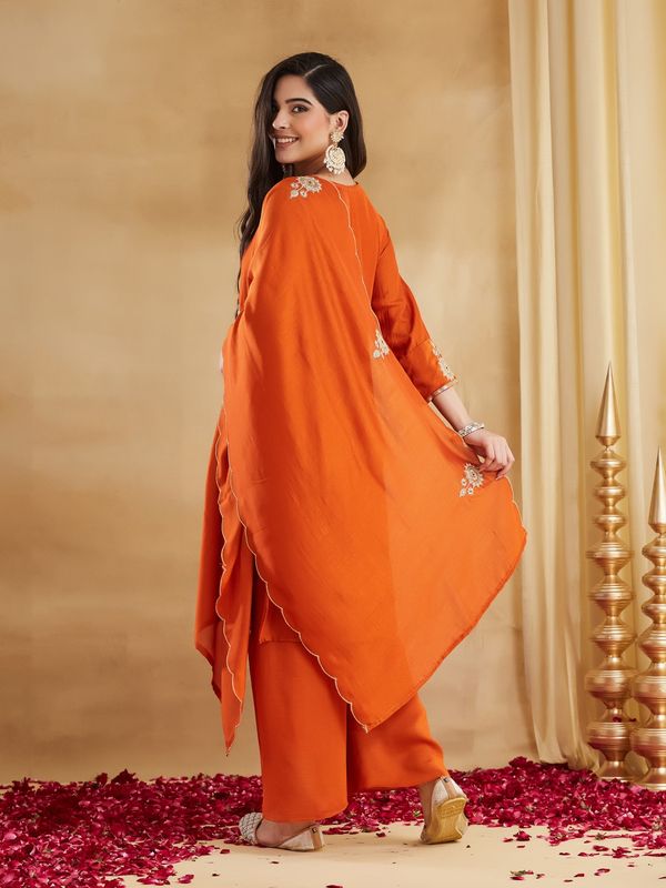 Orange Embroidered Vichitra Silk Kurti Set with Dupatta