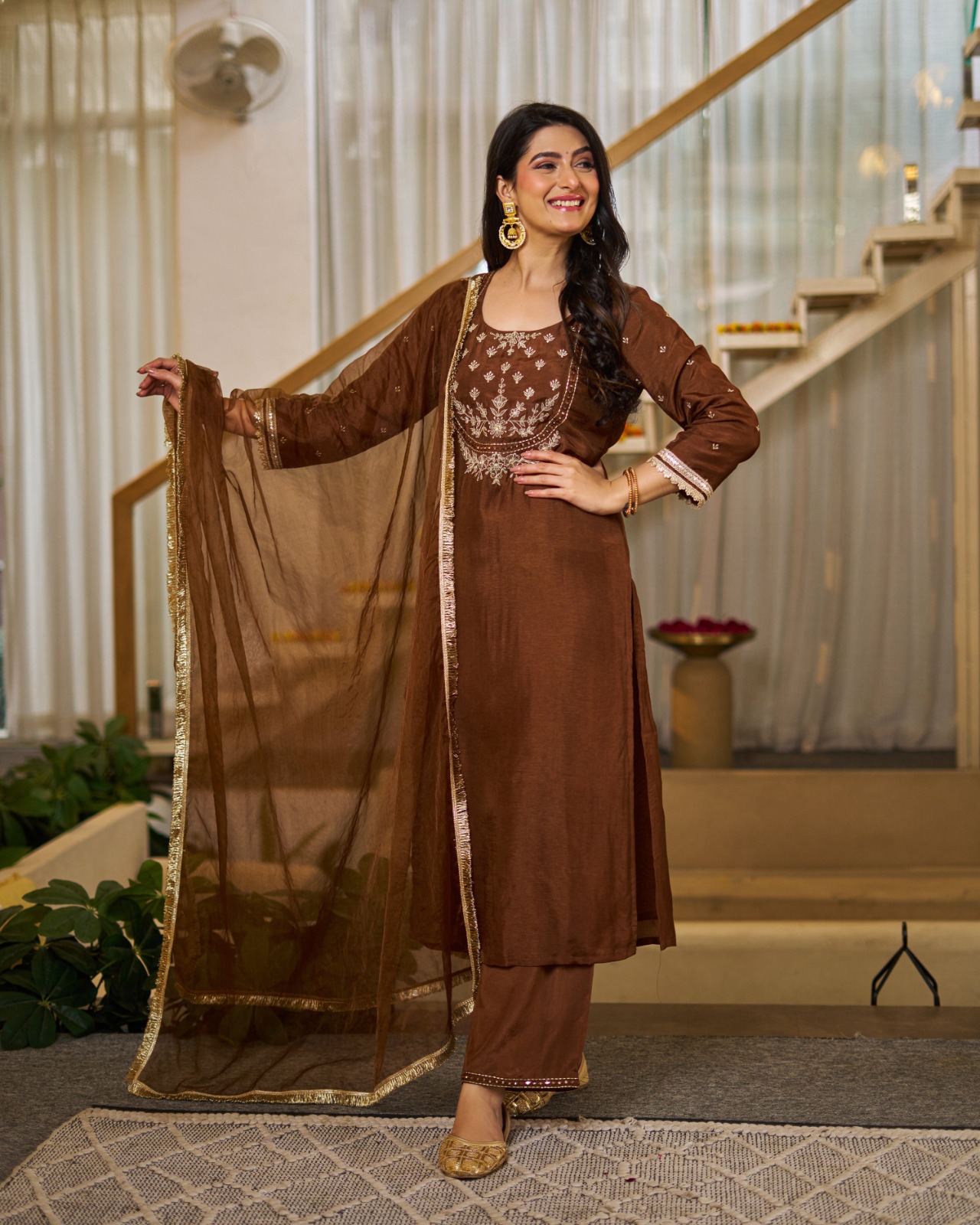 Brown Embroidered Vichitra Silk Kurti Set with Dupatta