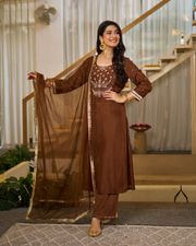 Brown Embroidered Vichitra Silk Kurti Set with Dupatta - Brown