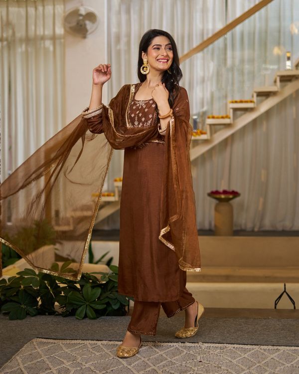 Brown Embroidered Vichitra Silk Kurti Set with Dupatta