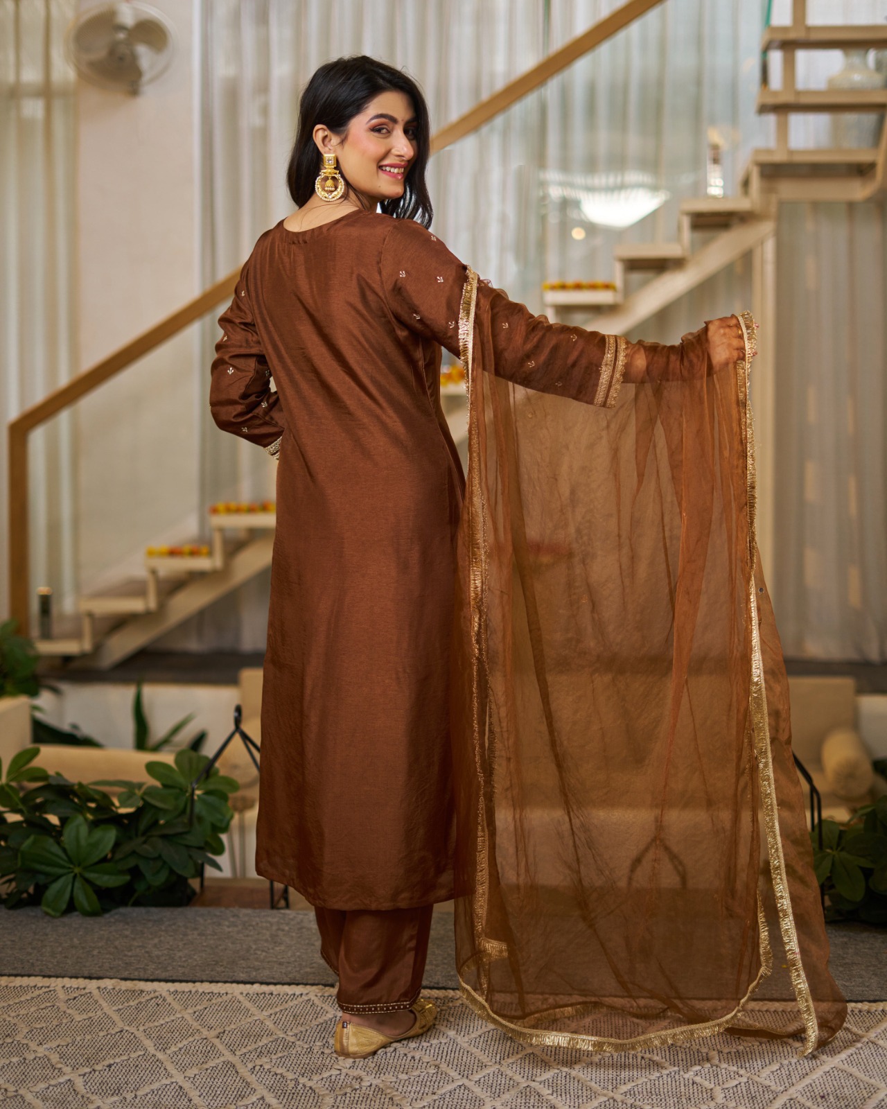 Brown Embroidered Vichitra Silk Kurti Set with Dupatta