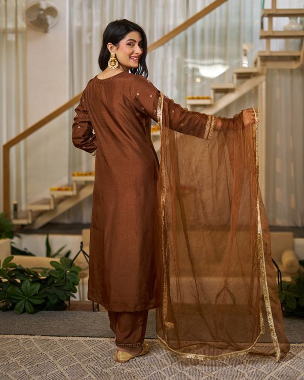 Brown Embroidered Vichitra Silk Kurti Set with Dupatta