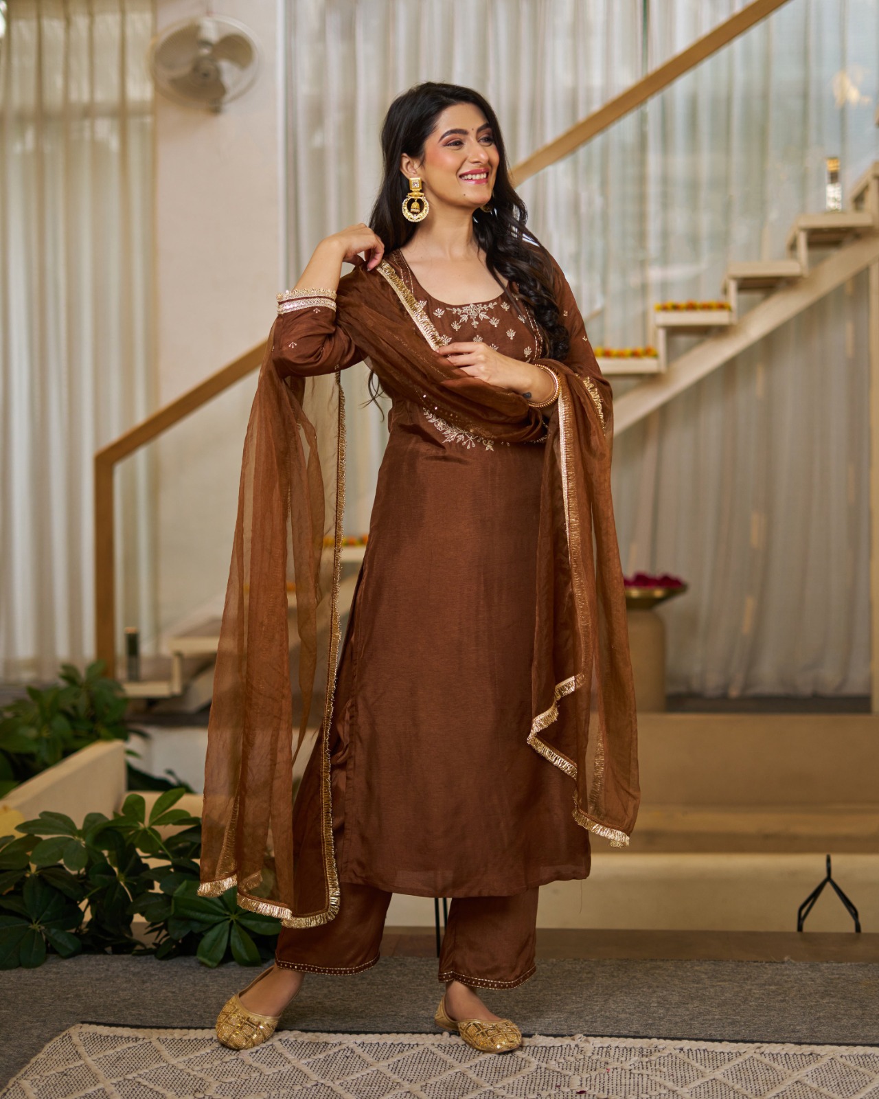 Brown Embroidered Vichitra Silk Kurti Set with Dupatta