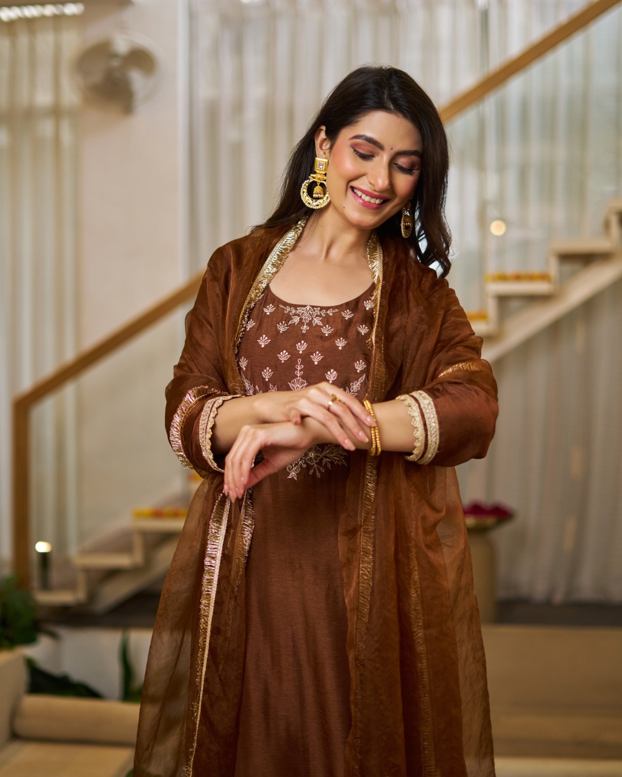 Brown Embroidered Vichitra Silk Kurti Set with Dupatta