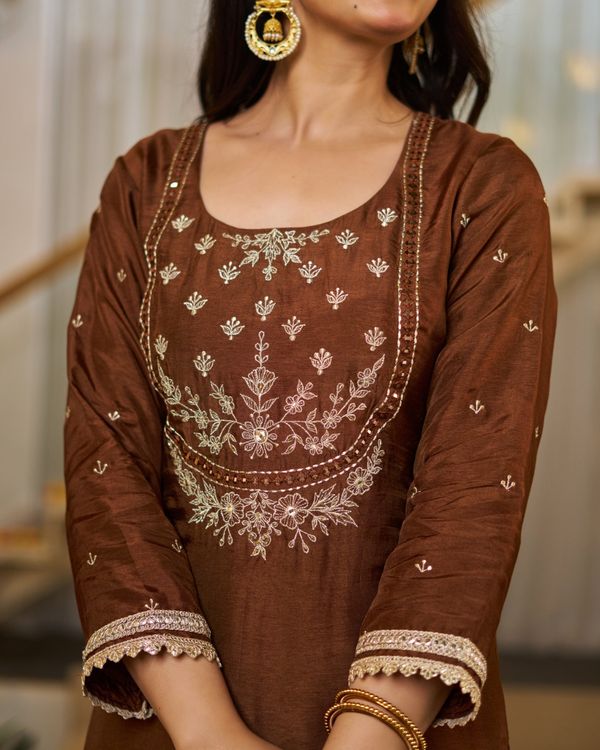 Brown Embroidered Vichitra Silk Kurti Set with Dupatta