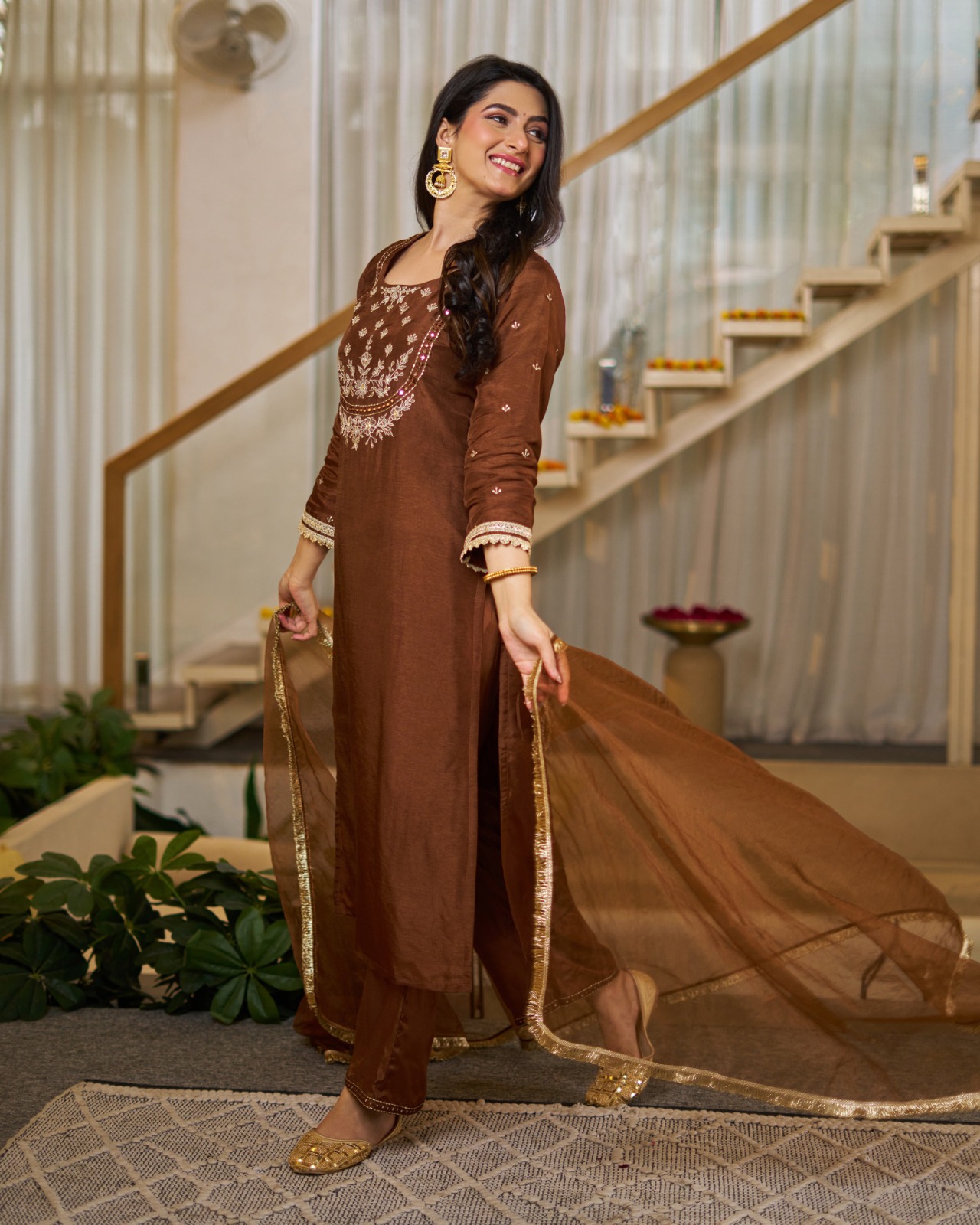 Brown Embroidered Vichitra Silk Kurti Set with Dupatta