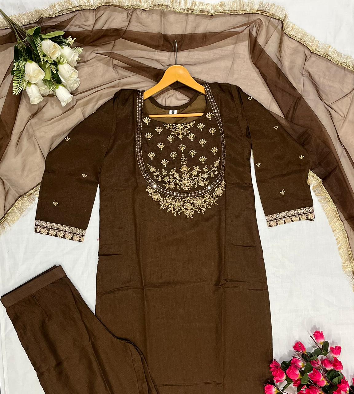Brown Embroidered Vichitra Silk Kurti Set with Dupatta