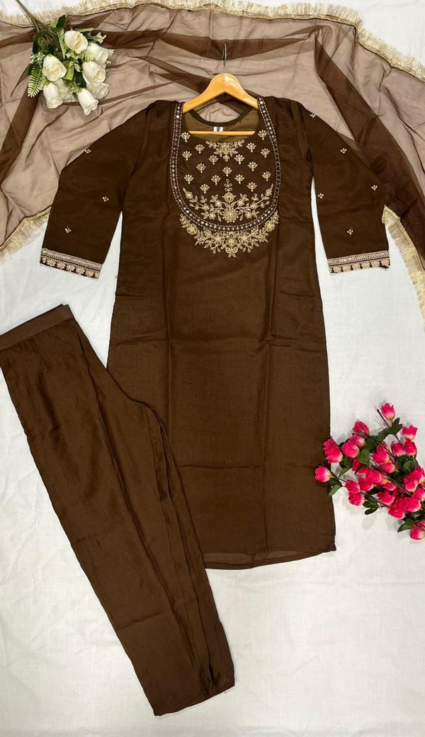 Brown Embroidered Vichitra Silk Kurti Set with Dupatta