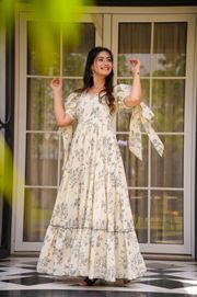 Cream Floral Printed Western Dress for Women - Off white