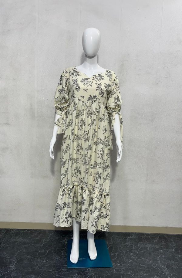 Cream Floral Printed Western Dress for Women